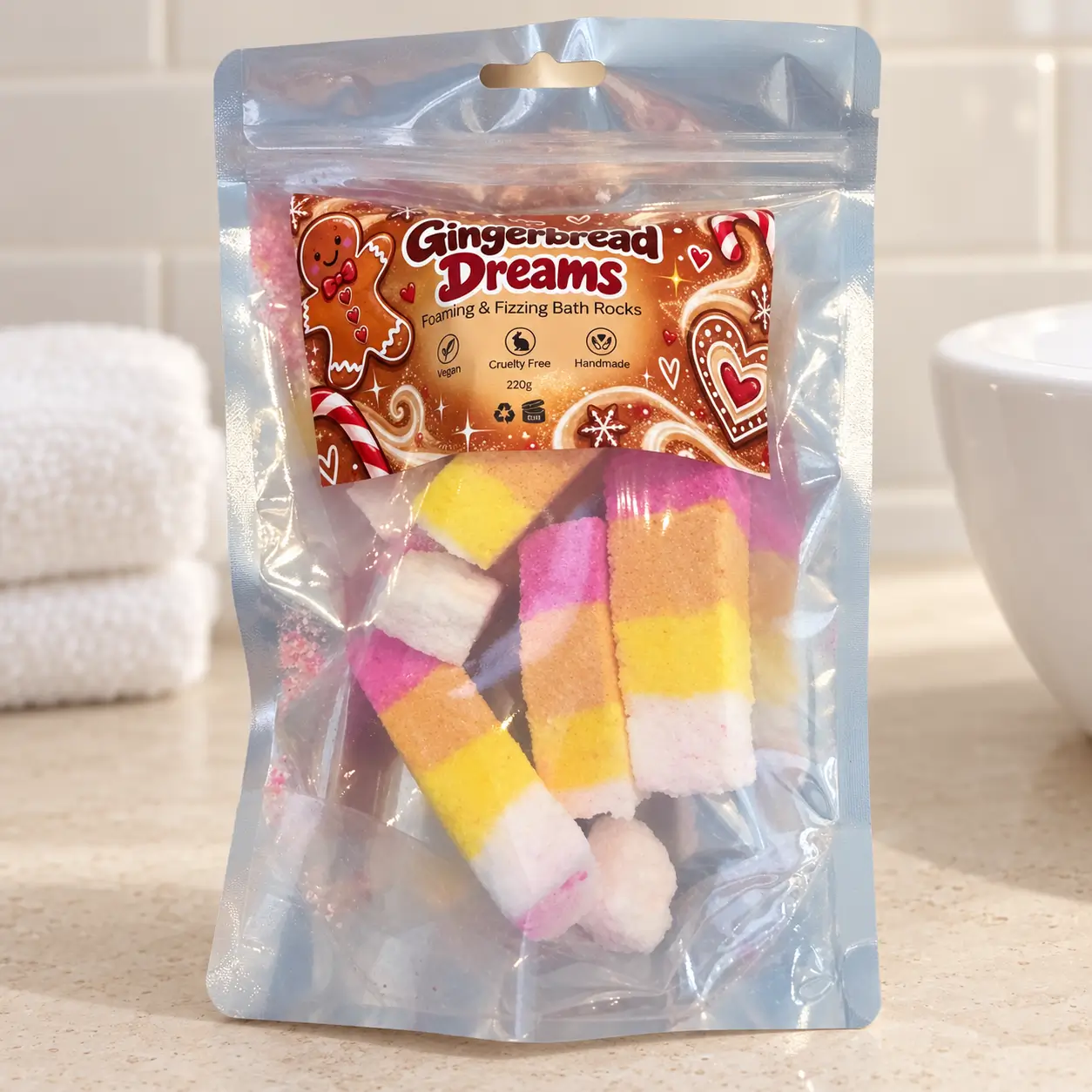 Enjoy colourful Gingerbread Bath Rocks with vanilla and caramel fragrance. Vegan and cruelty free, in a 220g pouch from The Gingerbread House.